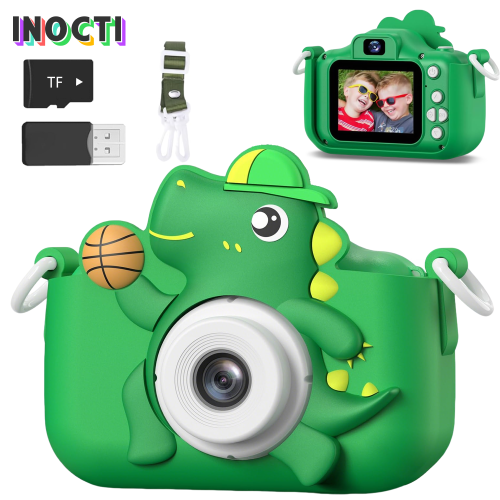 Zdjęcie Aparat cyfrowy dla dzieci w kształcie dinozaura z kartą SD – zabawka edukacyjna z ekranem HD 1080p, idealna do robienia zdjęć i filmów, prezent na urodziny dla dziewczynki i chłopca