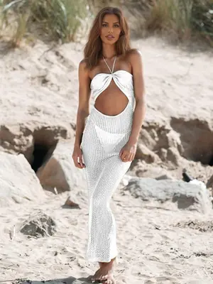 Image de Robe longue maille col licou découpes cache-maillot été 2026
