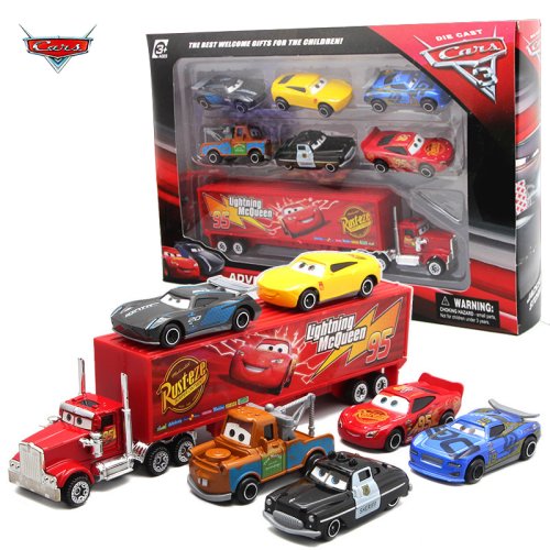 Zdjęcie Zestaw 7 sztuk modeli samochodów Disney Pixar Cars 3 – Lightning McQueen, Jackson Storm, Mack i inne – odlewane metalowe miniatury w skali 1:55 – idealny prezent dla chłopca na Boże Narodzenie