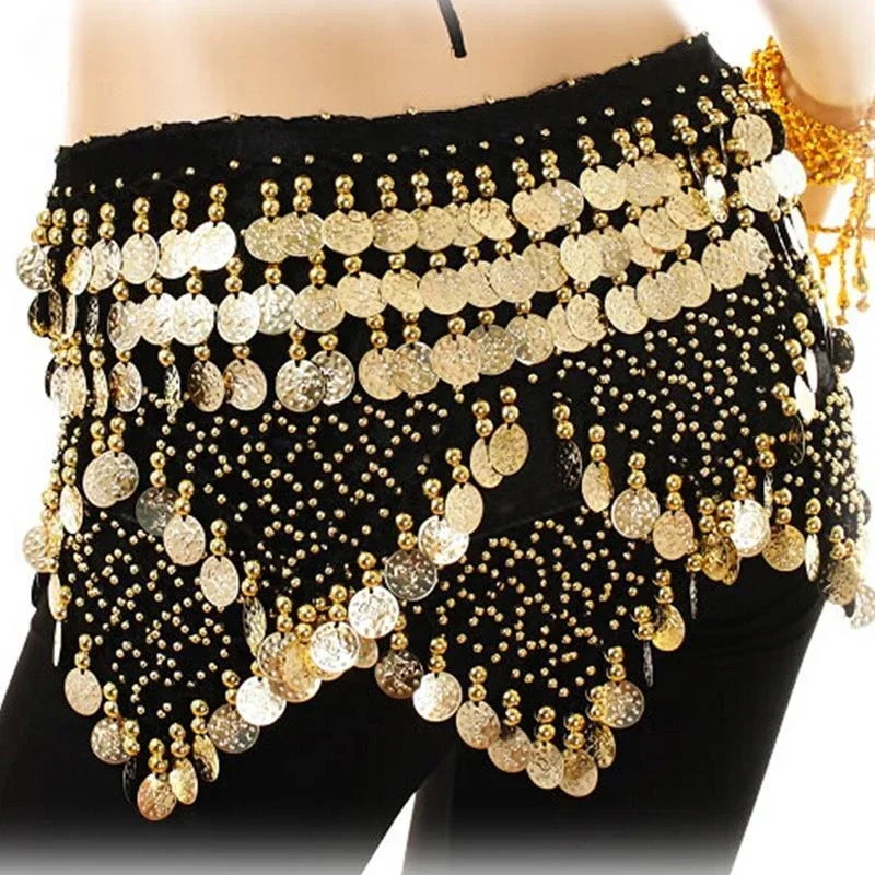 Image of Women Gold Coins Belly Dance Waist Belt Shiny Belly Dancing Hip Scarf Velvet Indian Dance Costume Oriental Hip Scarf Wrap Skirt