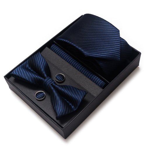 Image of Elegant Dark Blue Solid Color Men's Formal Tie Set with Pocket Square, Handkerchief, and Cufflinks – Perfect Gift for Parties, Easter, Weddings, and Special Occasions