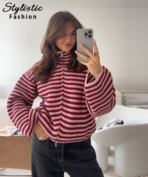Imagen de Suéter de Punto a Rayas para Mujer, Cuello Alto con Cremallera, Manga Acampanada y Corte Holgado - Moda Invernal 2025, Prenda Versátil que Combina con Todo