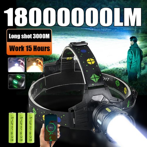 Image of Ultra-Bright 18 Million Lumen Rechargeable LED Headlamp with White & Yellow Lights – 3KM Range for Camping, Fishing, Hiking, and Outdoor Adventures