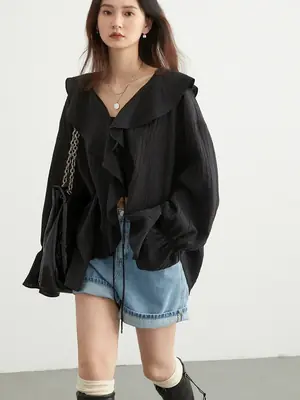 Image de Chemise Femme Volants Col V Lacets - Style Chic & Décontracté