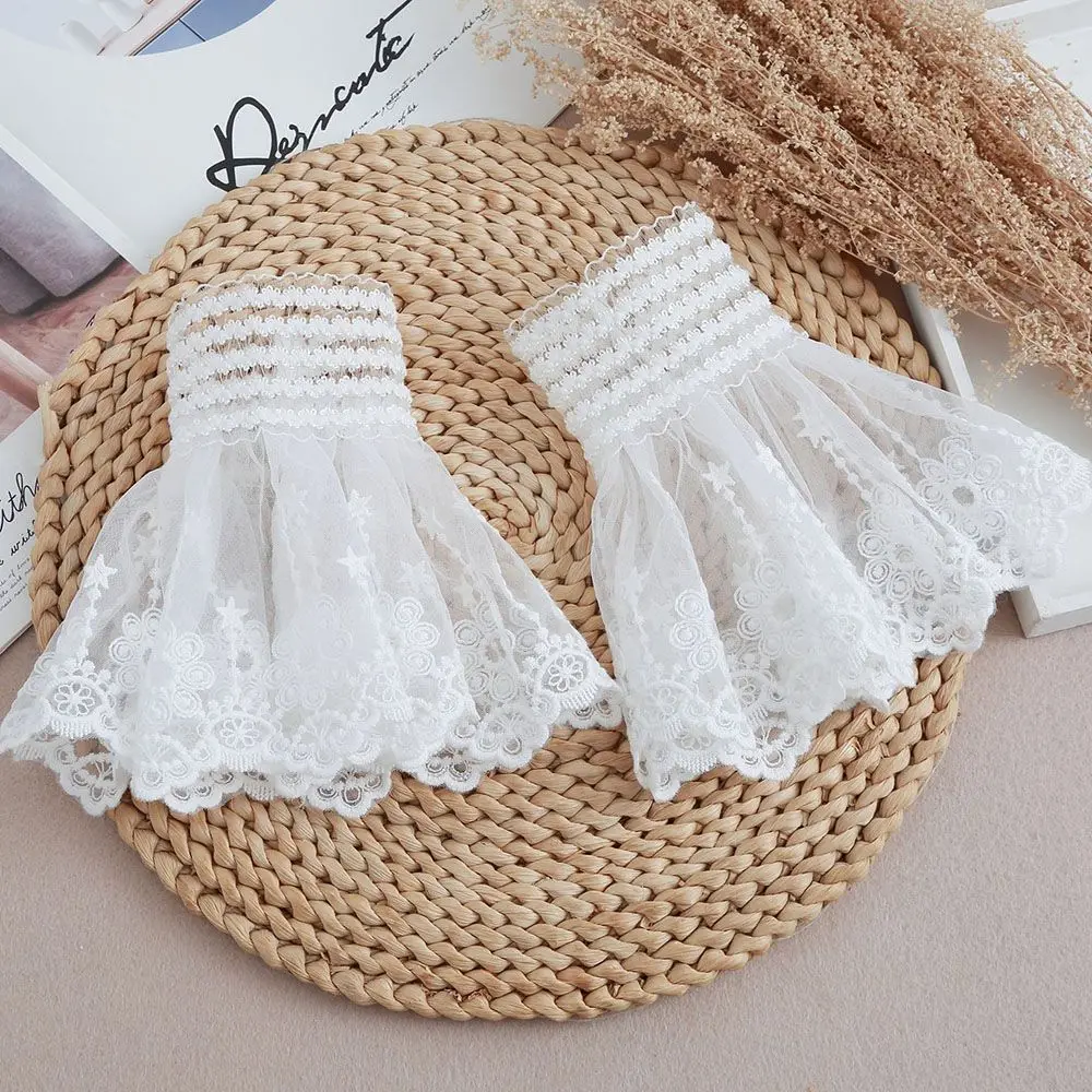 1 par de puños desmontables de malla de flores de encaje mangas acampanadas falsas doble capa plisada acanalada puños falsos suéter blusa calentadores de muñeca