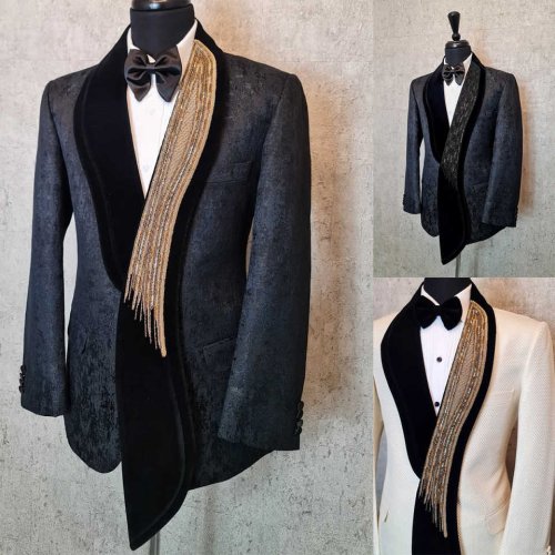 Image of Elegant Beaded Jacquard Designer Wedding Tuxedo for Men – Shawl Lapel 2-Piece Suit Set with Customizable Groom Blazer and Matching Pants