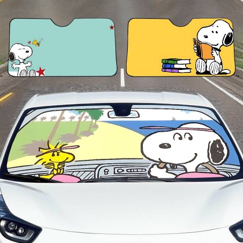 Image of Snoopy Peanuts Cartoon Car Sunshade – Adorable Windshield Cover with UV Protection for Auto Visor and Interior Sun Blocking
