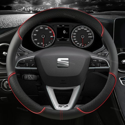 Image of Premium Microfiber Leather Steering Wheel Cover 38cm - Non-Slip Design for Seat Tarraco, Arona, Ateca, Ibiza, Toledo, Mii, Leon, Arosa, Exeo, ST & More
