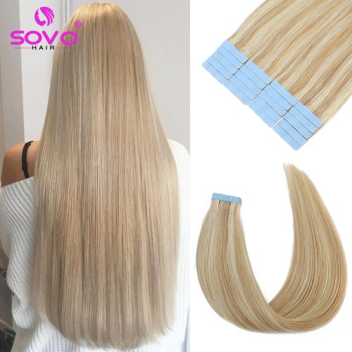 Immagine di Estensioni Capelli Umani Naturali con Nastro Adesivo – Trama della Pelle Senza Soluzione di Continuità, Colore Biondo Naturale Europeo, Lunghezza 12-26 Pollici, Confezione da 20 o 40 Pezzi