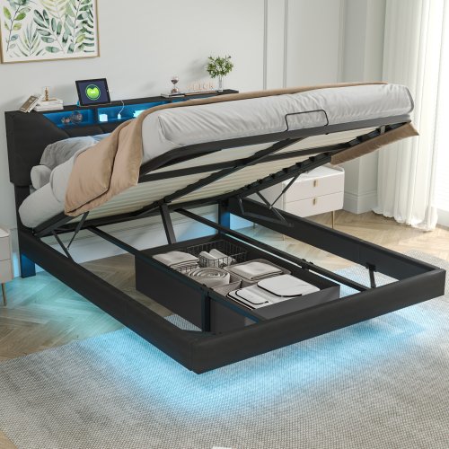 Image of Modern Soft Bed with Air Pressure Storage, LED Lighting, USB Charging Ports, and Adjustable Headboard – Black PU Upholstery for Adults and Teens