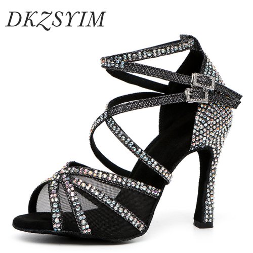 Image of Elegant Black Rhinestone Latin Dance Shoes for Women and Girls – Shiny Ballroom Salsa Dancing Footwear with Comfortable Heel