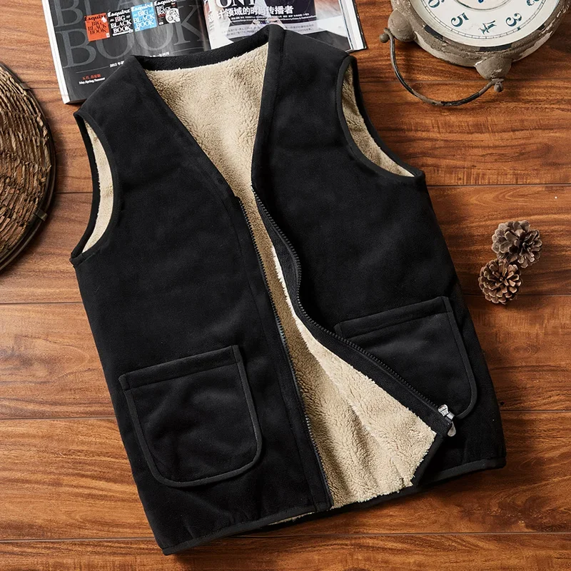 Image of Men's Warm Fleece Sleeveless Vest Jacket - Thick Velvet Casual Gilet for Autumn and Winter, Size 5XL