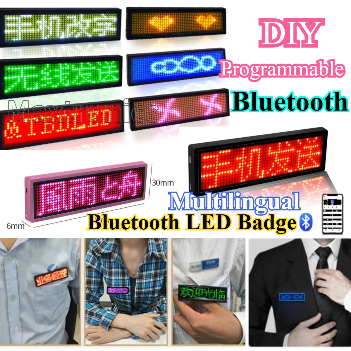 Image of Smart Bluetooth LED Name Badge with Rechargeable Digital Display, Programmable Scrolling Message & 15 Language Support for Events, Conferences & Parties