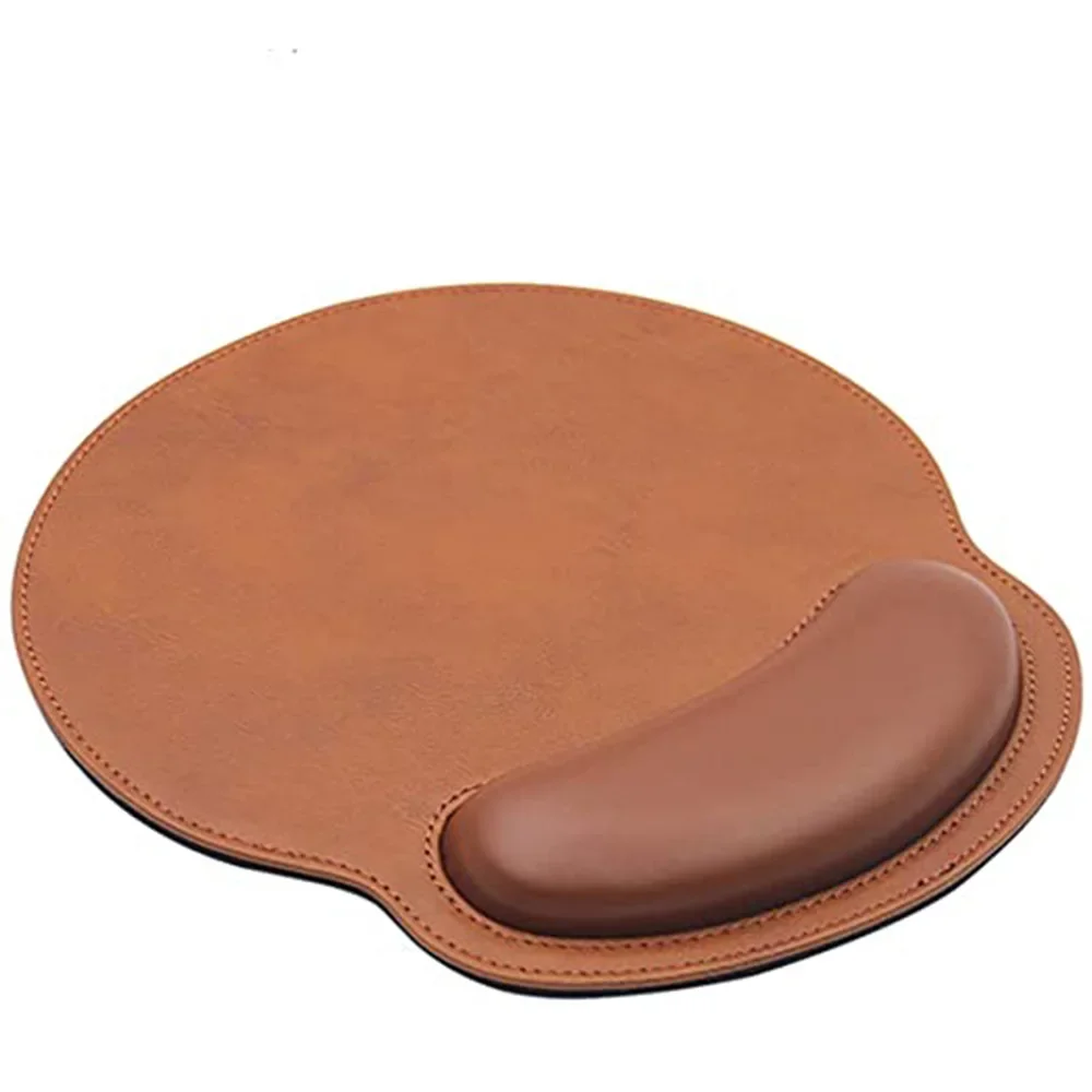 Afbeelding van Bruine Lederen Muismat met Polssteun – Ergonomisch & Antislip