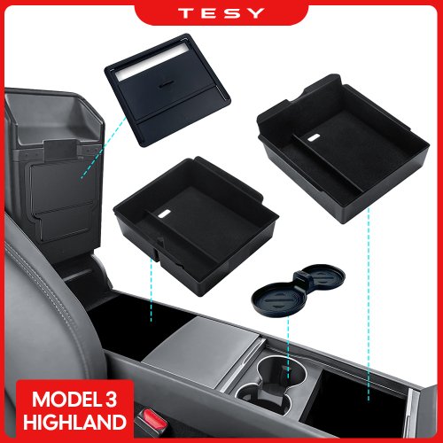 Immagine di Per Tesla Model 3 Highland 2024 Console Bracciolo Scatola portaoggetti Organizzatore interno Cuscinetto in gomma ABS o floccaggio