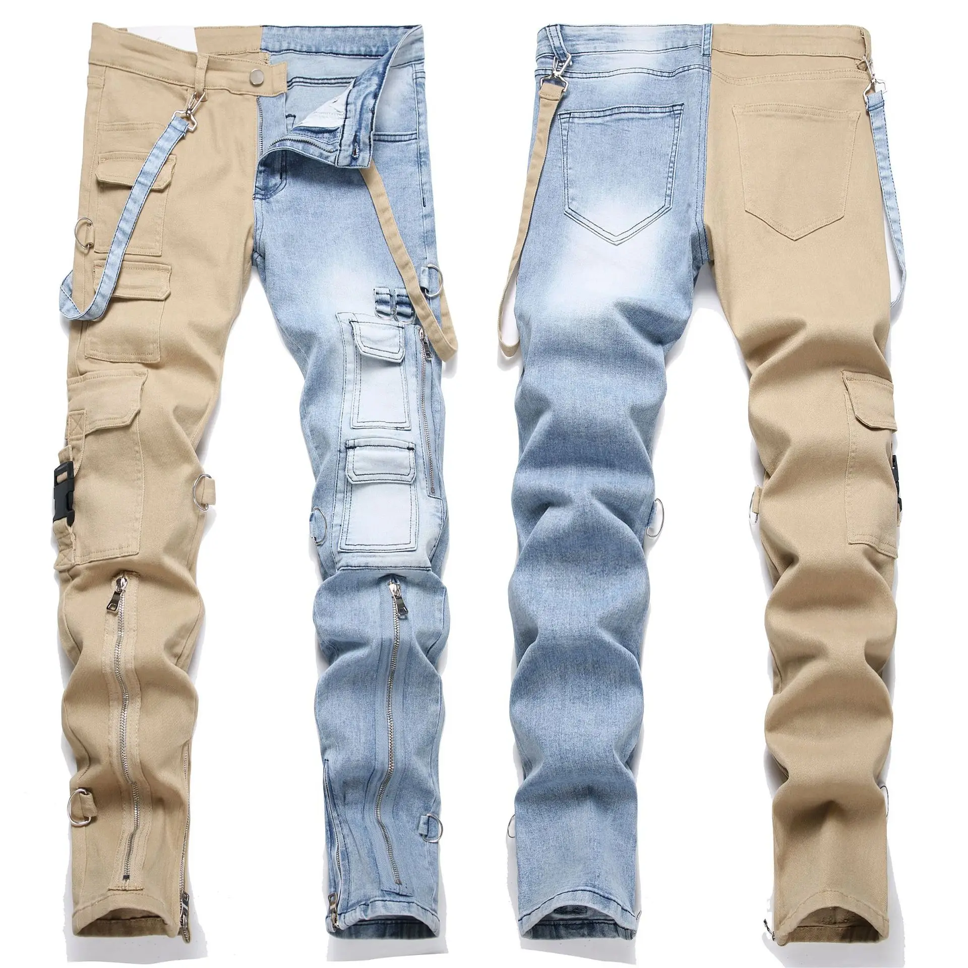Image of Men's Slim Fit High Waist Denim Jeans with Zipper Detail and Pockets – Casual Straight Leg Pencil Pants for Autumn and Winter