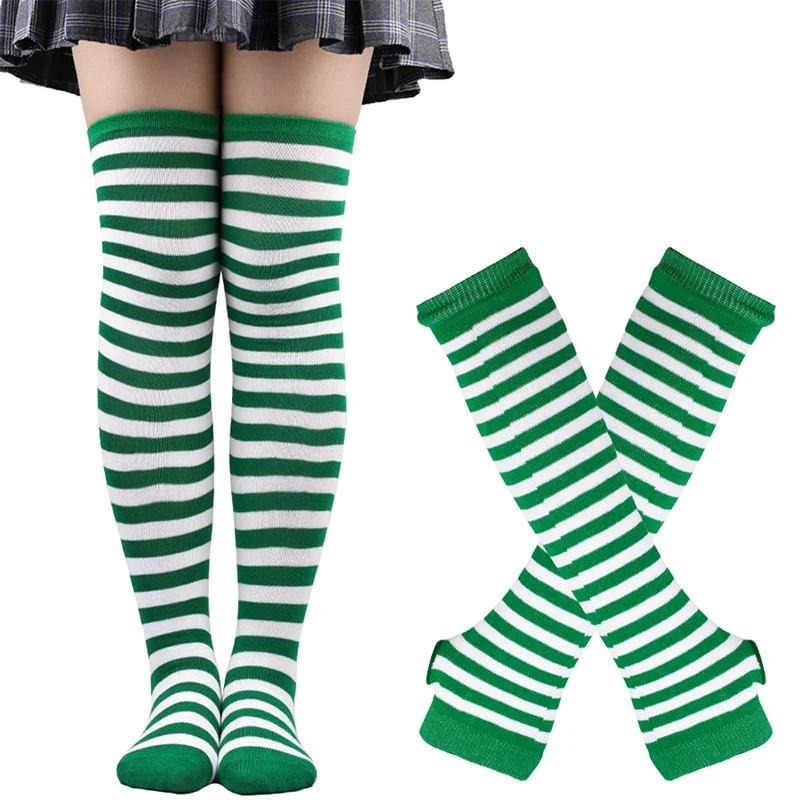Image of 1 Set Women Gothic Punk Over Knee Long Stripe Socks Arm Sleeve Gloves for Girl Thigh High Cotton Socks Sweet Cute Christmas Gift
