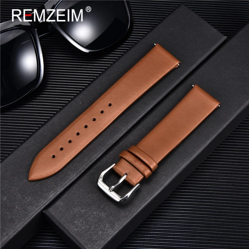 Image of Ultra Thin Genuine Leather Watch Band Strap for Men and Women – Premium Soft Leather Watchband in Red, White, Black – Available in 8mm, 10mm, 12mm, 14mm, 16mm, 18mm, 20mm, 22mm Sizes