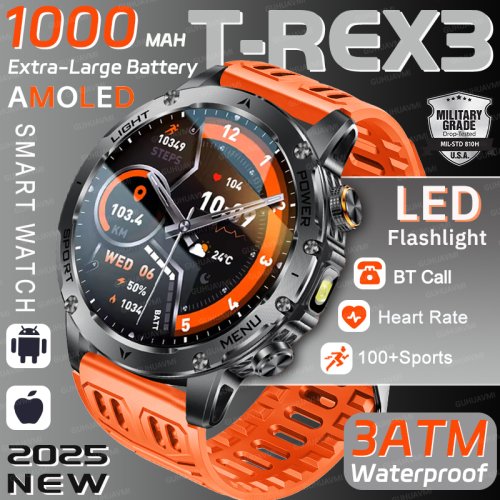 Bild von T-Rex 3 Outdoor Smartwatch für Herren – Militärgrad, IP69K wasserdicht, GPS, Bluetooth-Anrufe, 1000 mAh Akku, HD-Display, Sportuhr mit 100+ Sportmodi