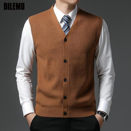 Image of Premium Winter V-Neck Wool Knit Cardigan for Men – Anti-Pilling, Sleeveless Sweater Vest in Top-Grade Pleuche Fabric