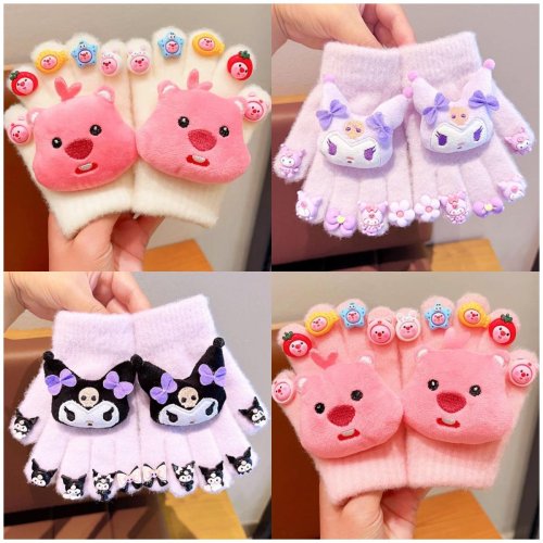 Zdjęcie Rękawiczki Sanrio Hello Kitty i Kuromi – modne, pluszowe, dziergane rękawiczki zimowe dla dzieci z uroczym motywem kreskówkowym