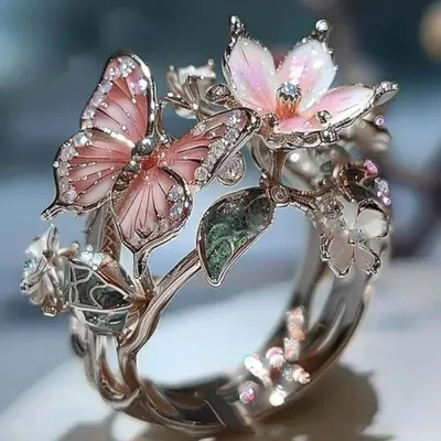 Image de Bague Fleur & Papillon Strass - Élégante & Romantique