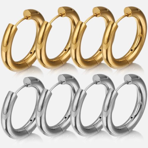 Bild von 6 Stück Edelstahl Ohrringe 4mm dick vergoldet – Große runde koreanische Hoop Ohrringe für Frauen, eleganter Luxus-Schmuck