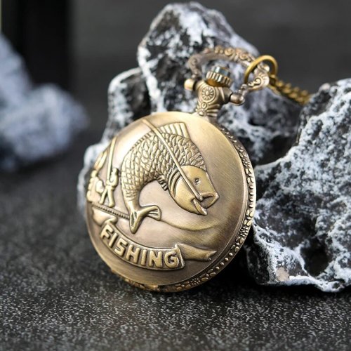 Afbeelding van Beste geschenken luxe gouden quartz zakhorloge ontwerp vissen ketting hanger zakhorloge klok voor heren dames