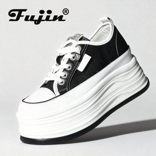 Image of Fujin 9cm 3 inch Microfiber Leather White Platform Sneakers for Women Wedge Heel Sneakers Shoes Comfy Casual Shoes Female Walk