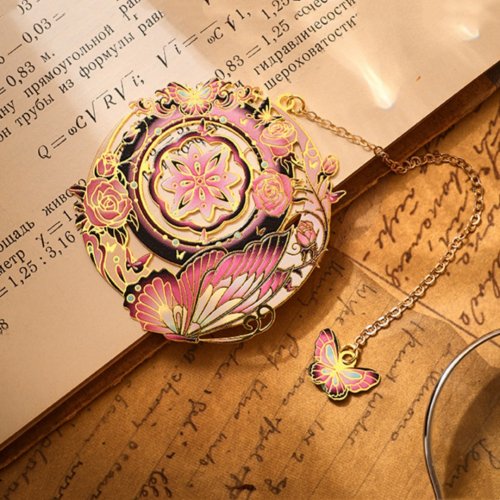 Bild von Bunter Metall-Lesezeichen mit Kette – Herz, Sonne, Blumen & Schmetterling