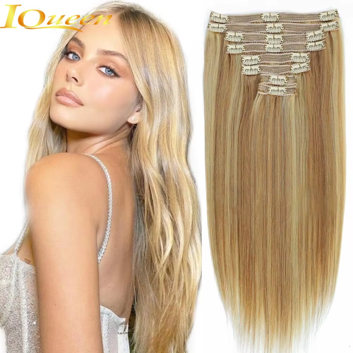 Image of 8-Piece Clip-In Human Hair Extensions in Natural Brown with Blonde Highlights – 100% Real Remy Hair for Daily Wear, Seamless Blend, Long-Lasting Style