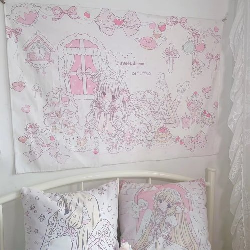Image of Dreamy Pink and Purple Heart Tapestry Wall Hanging for Girl's Bedroom – Soft Sweet Dreams Decor with Bow Detail, Healing Vibes Home Textile Art