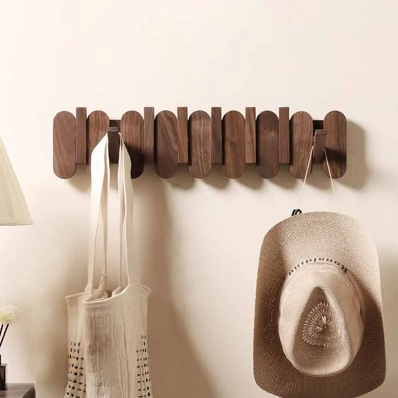 Image of Premium Walnut Wood Wall Coat Rack with Elegant Hooks for Clothes, Coats, Bags, and Pants – Stylish Bedroom & Entryway Storage Furniture