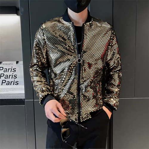 Image of Men's Y2K Streetwear Sequined Bomber Jacket – Thin Motorcycle Style for Nightclub, Stage & Hip Hop Fashion