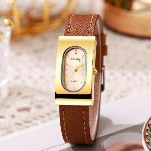 Immagine di Orologio da Donna di Moda con Cinturino in Pelle - Design Rettangolare Elegante