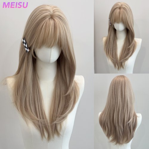 Afbeelding van Meisu 22 Inch Synthetische Lucht Pony Pruik Rechte Gelaagde Rechte Pruiken Fiber Hittebestendig Feest Of Selfie Voor Vrouwen Dagelijks Gebruik