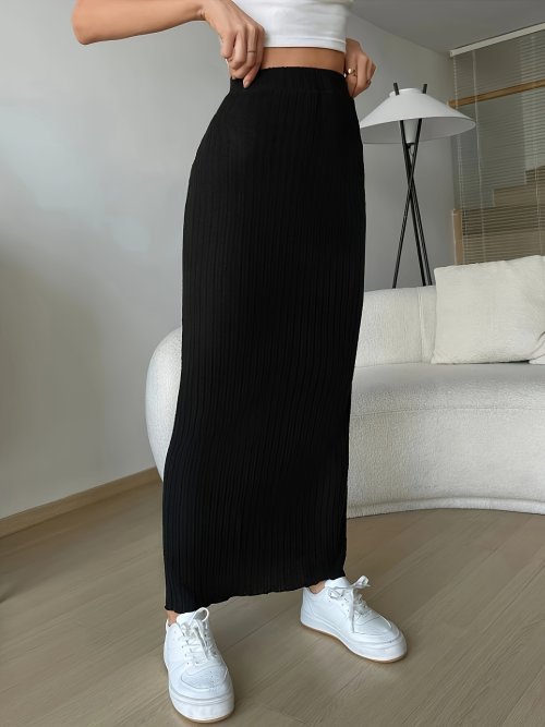 Image of High-Waisted Slim Fit Knitted Half Skirt for Women – Casual Elegant Dress Skirt with Side Slit Design