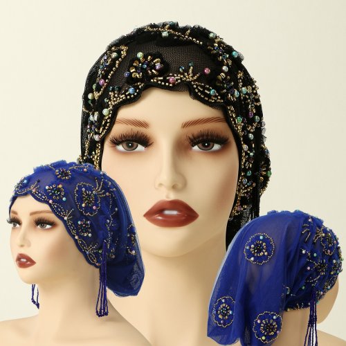Image of Elegant Muslim Beaded Lace Cap with Acrylic Diamond Embroidery and Mesh Fabric Tube for Dubai Arabian Fashion