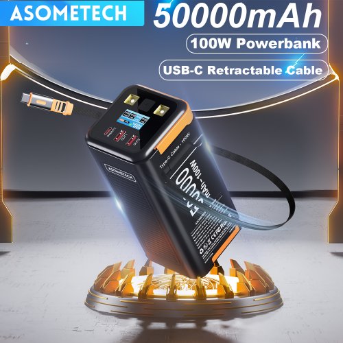 Image of 50000mAh 100W PD PPS Power Bank with Type-C Retractable Cable – Ultra-Fast Charging Portable Battery for Phones, Laptops & More