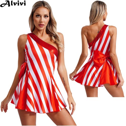 Image of Women Christmas Dance Dress Single Shoulder Sleeveless Candy Cane Stripes Dresses Xmas New Year Carnival Party Cosplay Costume