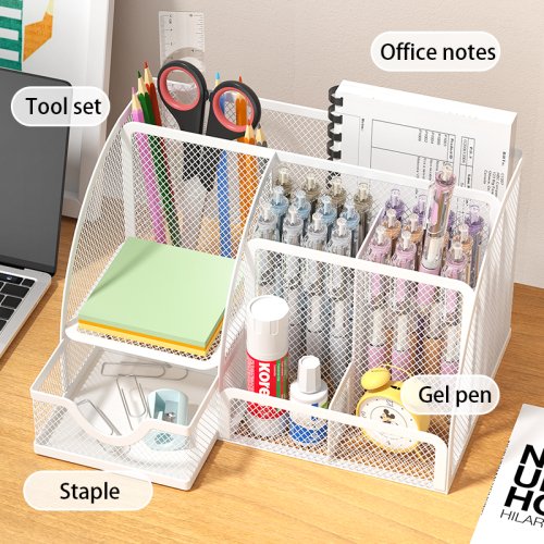 Image of Stylish Metal Desk Organizer with Mesh Design – Large Capacity Pen Holder and Pencil Storage Box for Office and School Supplies