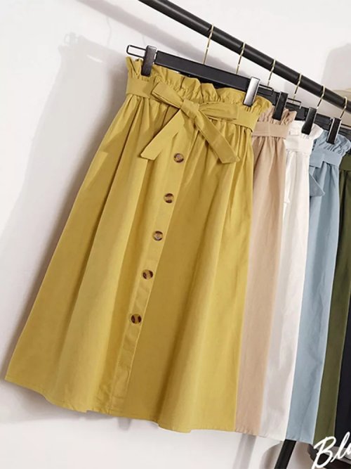 Image of Elegant High-Waisted Midi Pleated Skirt for Women – Korean-Style Button Front Knee-Length School Skirt for Summer and Autumn