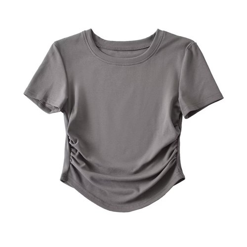 Immagine di T-shirt in cotone a maniche corte girocollo da donna Harajuku 2024 con dettagli sui lati increspati