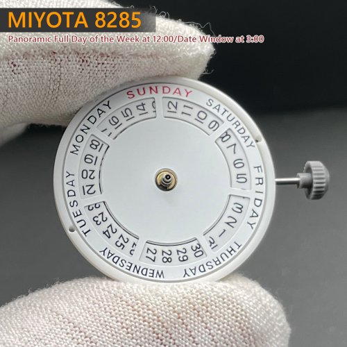 Zdjęcie Oryginalny Mechanizm Automatyczny Miyota 8285 – Zegarek z Datą i Dniem Tygodnia, 21 Klejnotów, Wyświetlenie Godziny 12:00 i Daty o Godzinie 3:00