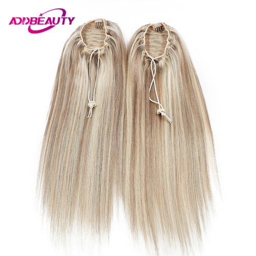 Image of Natural Straight Human Hair Drawstring Ponytail Extension with Ombre Blonde Color – Real Hair Closure for Women