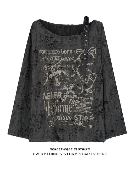 Imagen de Camiseta vintage Y2K oversize con hombros descubiertos y estampado para mujer, top rasgado con aguje...