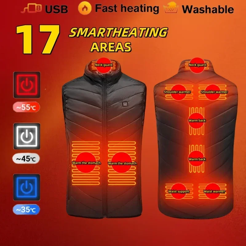 Imagen de Chaleco Calefactor Inteligente con 17 Zonas de Calor para Hombre y Mujer – Chaqueta Autocalentable con Control de Temperatura por USB, Abrigo Ligero Sin Mangas para Nieve y Actividades al Aire Libre