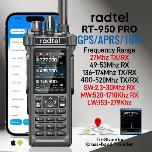 Radtel RT-950 PRO Walkie Talkie AM/FM/CB/LSB/USB/CW Ontvanger met GPS APRS 10W Bluetooth Telefoon Programmering Ham Radio RT-950PRO
