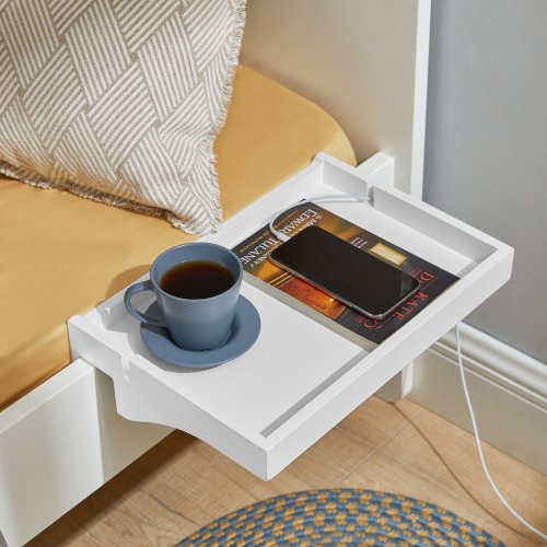 Image of Natural Bamboo Bedside Tray Table with Cable Management and Adjustable Clamps for Phones, Remotes, and Essentials – Compact & Stylish Nightstand Shelf