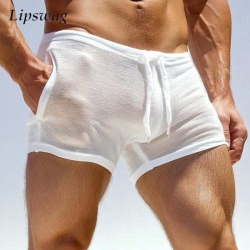 Image of Men's Breathable Solid Color Slim Fit Shorts for Beach, Casual Wear, and Summer Leisure Sleepwear